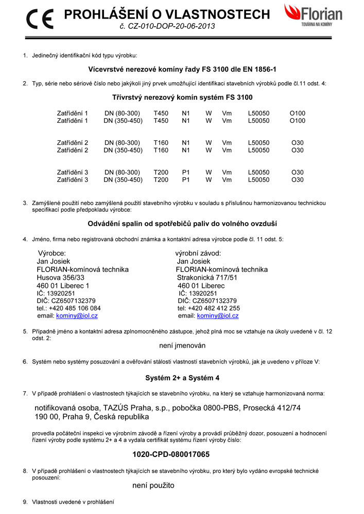 Prohlášení o vlastnostech FS3100 (2/2)